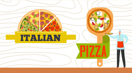 Pizza web banner, restaurant website vector illustration. Italian pizzeria food design, tasty cafe menu background template page. Fast food