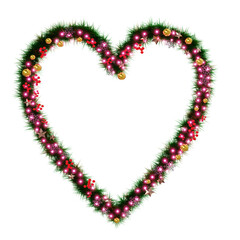 Beautiful christmas graphic element of sparkling illumination on heart shaped pine with snowflake and shiny stars and red berries on transparent background (RGBA 3D Rendering PNG)