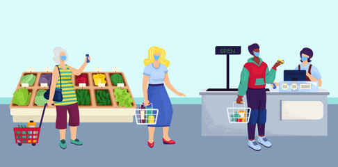 Fototapeta premium Social distance in supermarket, vector illustration. People protection from coronavirus disease in store, virus prevention in grocery queue.