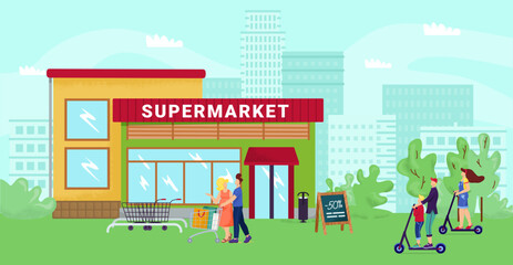 Supermarket at cartoon street, flat city shop vector illustration. Urban market background, people go shopping to store concept.