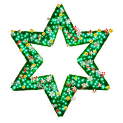 Obraz premium Beautiful christmas graphic element of sparkling illumination on star shaped pine with snowflake and shiny stars and red berries on transparent background (RGBA 3D Rendering PNG)