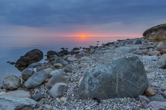 Stony Beach at Sunset, Fyns Hoved, Hindsholm, Kerteminde Municipality, Funen, Baltic Sea, Denmark