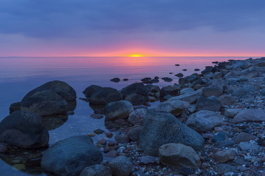 Stony Beach at Sunset, Fyns Hoved, Hindsholm, Kerteminde Municipality, Funen, Baltic Sea, Denmark