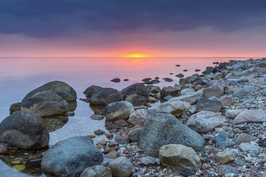 Stony Beach at Sunset, Fyns Hoved, Hindsholm, Kerteminde Municipality, Funen, Baltic Sea, Denmark
