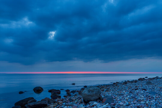 Stony Beach at Sunset, Fyns Hoved, Hindsholm, Kerteminde Municipality, Funen, Baltic Sea, Denmark