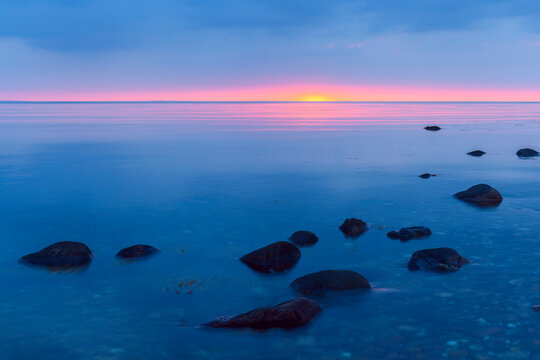 Rocks in Sea at Sunset, Fyns Hoved, Hindsholm, Kerteminde Municipality, Funen, Baltic Sea, Denmark