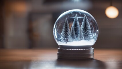 Fototapeta na wymiar snow globe with christmas trees inside, snow, on a table AI Generated