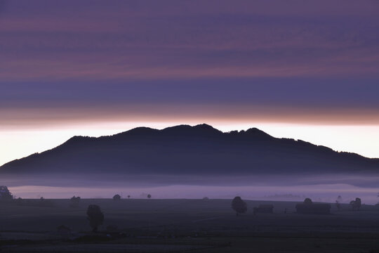 Mountain Range and Foothills at Dawn, Loisachwinkel, Kocheler Moos, Murnau, Upper Bavaria, Bavaria, Germany