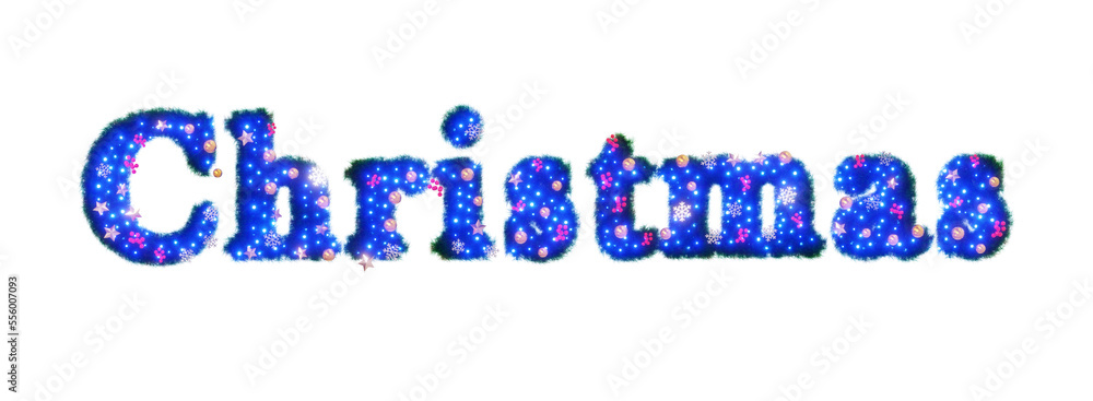 Wall mural Beautiful christmas graphic element of sparkling illumination on text Christmas made of pine with snowflake and shiny stars and red berries on transparent background (RGBA 3D Rendering PNG)