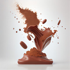 Cocoa powder, milk and pieces of chocolate, isolated on White background.