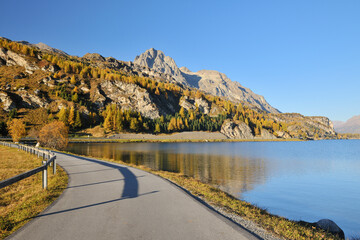 Lakeside Road in Autumn, Silsersee, Maloja, Engadin, Canton of Graubunden, Switzerland