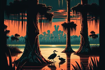A vector illustration of a Louisiana swamp - obrazy, fototapety, plakaty