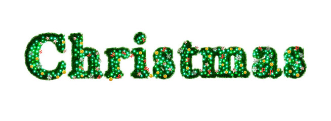 Beautiful christmas graphic element of sparkling illumination on text Christmas made of pine with snowflake and shiny stars and red berries on transparent background (RGBA 3D Rendering PNG)