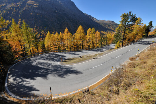 Hairpin Turn, Bernina Pass, Pontresina, Canton of Graubunden, Switzerland