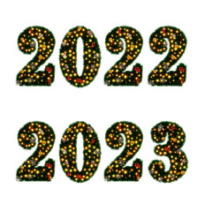 Beautiful christmas graphic element of sparkling illumination on numbers 2022 2023 made of pine with snowflake and shiny stars and red berries on transparent background (RGBA 3D Rendering PNG)