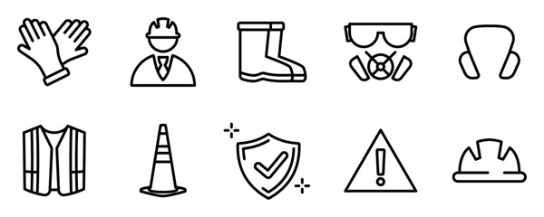 Fototapeta Conjunto de iconos de equipo de protección para trabajo de construcción. Seguridad y protección. Guantes, botas, casco, chaleco, cono, alerta. Ilustración vectorial obraz