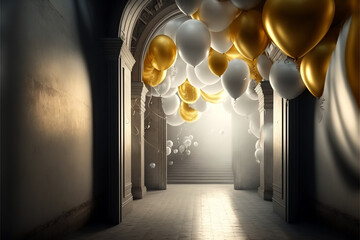 Gold, Silver and white Balloons in a Church Hallway with Archways Generative AI