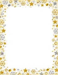 Christmas card with  border of golden and silver glittering snowflakes and stars, transparent background, PNG