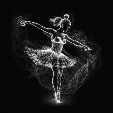Abstract drawing of a ballerina with light scratches around her. Ballerina dancing with a lot of energy on a black background. Light sparkles around a dancer.
