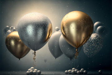 Fototapeta premium Large, Metallic Gold and Silver Balloons on Dark Background Generative AI