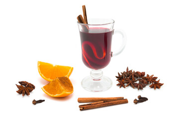 Hot mulled wine for winter with spices isolated on white background. Closeup. Ingredients for...