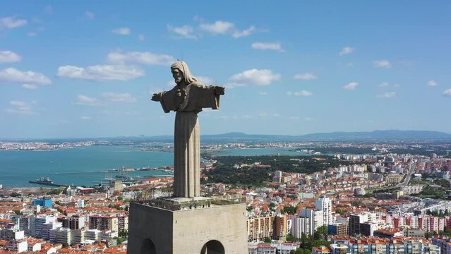 Aerial view of Cristo Rei (Christ the King), a famous monument in Almada near Lisbon, Portugal.