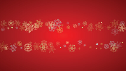 Fototapeta na wymiar Christmas snow on red background. Glitter frame for winter banners, gift coupon, voucher, ads, party event. Santa Claus colors with golden Christmas snow. Horizontal falling snowflakes for holiday