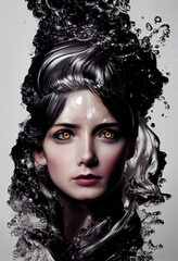 Abstract fashion woman portrait with liquid splashes ,not a real person, made with Generative AI