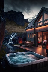 A luxury back garden that has a jacuzzi located in Iceland. - obrazy, fototapety, plakaty