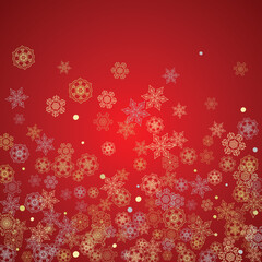 Christmas snow on red background. Glitter frame for seasonal winter banners, gift coupon, voucher, ads, party event. Santa Claus colors with golden Christmas snow. Falling snowflakes for holiday