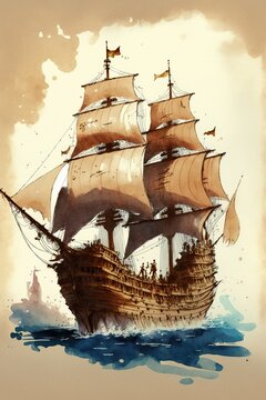 A watercolor sketch of an ancient pirate ship on tan paper.