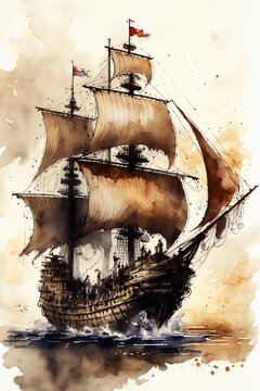 A watercolor sketch of an ancient pirate ship on tan paper.