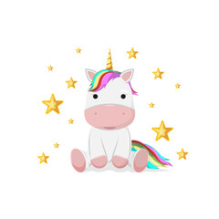 Fototapeta premium A cute unicorn sits among bright stars..