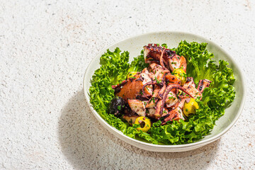 Octopus salad with lettuce, olives and spices in a bowl. Fresh and healthy seafood, marine decor