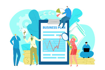Business plan, vector illustration. Flat teamwork management, team people charcater work in office concept. Marketing project for costumer