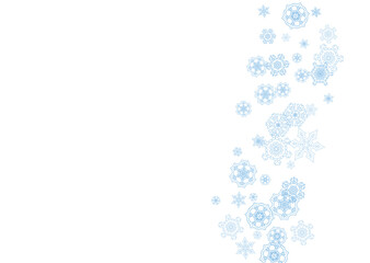 Winter frame with blue snowflakes for Christmas and New Year celebration. Horizontal winter frame on white background  for banners, gift coupons, vouchers, ads, party events. Falling frosty snow.