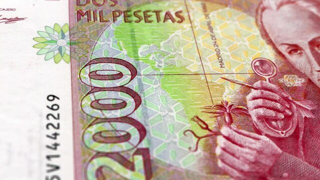 Spain Spanish Peseta 2000 Banknotes, Two Thousand Spanish Peseta, Close-up and macro view of the Spanish Peseta, Tracking and Dolly Shots 2000 Spanish Peseta banknote Observe and Reserve Side