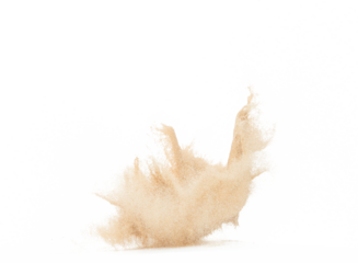 Small Fine size Sand flying explosion, Golden grain wave explode. Abstract cloud fly. Yellow colored sand splash throwing in Air. White background Isolated high speed shutter, throwing freeze stop