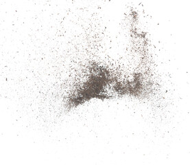 Obraz premium Black dried leave Tea explode. Small Fine size tea leaf flying explosion, Abstract cloud fly. Brown colored Teas splash throwing in Air. White background Isolated high speed shutter, throwing freeze