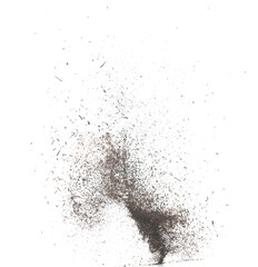 Black dried leave Tea explode. Small Fine size tea leaf flying explosion, Abstract cloud fly. Brown colored Teas splash throwing in Air. White background Isolated high speed shutter, throwing freeze