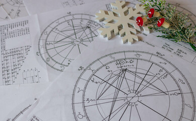 Astrological natal charts with a snowflake and a fragile branch with red mushrooms in the...