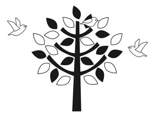 Obraz premium 白黒の木と鳥のイラスト