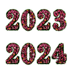Beautiful christmas graphic element of sparkling illumination on numbers 2023 2024 made of pine with snowflake and shiny stars and red berries on transparent background (RGBA 3D Rendering PNG)