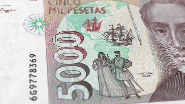 Spain Spanish Peseta 5000 Banknotes, Five Thousand Spanish Peseta, Close-up and macro view of the Spanish Peseta, Tracking and Dolly Shots 5000 Spanish Peseta banknote Observe and Reserve Side