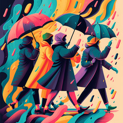 Vibrant Vector Illustration of a Crowd of People Holding Umbrellas in the Rain with Bold Colors in Stormy Weather