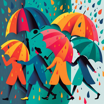 Vibrant Vector Illustration of a Crowd of People Holding Umbrellas in the Rain with Bold Colors in Stormy Weather