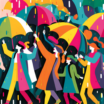 Vibrant Vector Illustration of a Crowd of People Holding Umbrellas in the Rain with Bold Colors in Stormy Weather