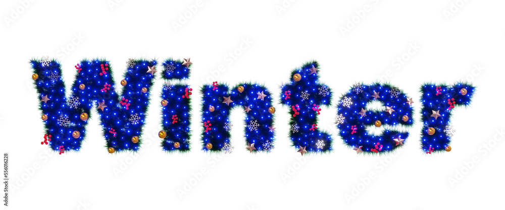 Wall mural Beautiful christmas graphic element of sparkling illumination on text Winter made of pine with snowflake and shiny stars and red berries on transparent background (RGBA 3D Rendering PNG)