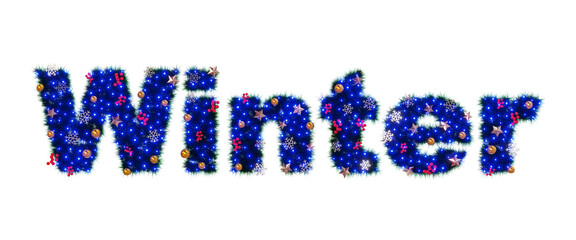 Beautiful christmas graphic element of sparkling illumination on text Winter made of pine with snowflake and shiny stars and red berries on transparent background (RGBA 3D Rendering PNG)