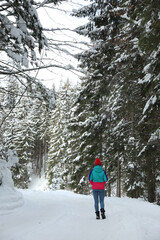 Woman walking along empty road in winter forest